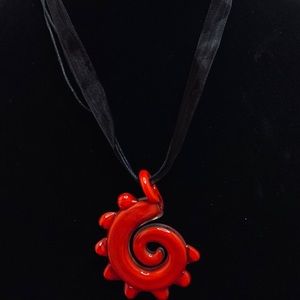 Glass pendant‎ red black ribbon 8 1/4” drop